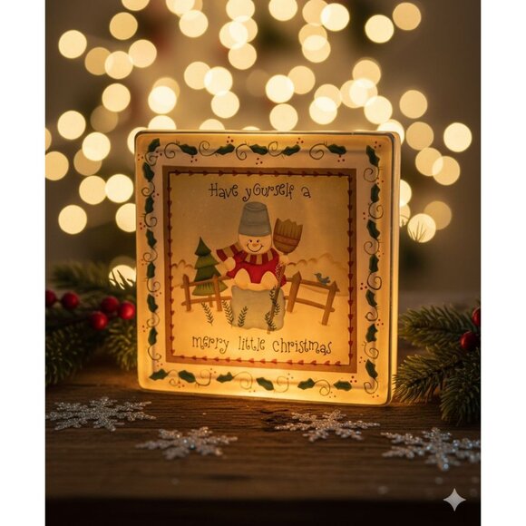 Illuminated Frosted Glass Block Night Light With Snowman Lid Design - "Have Your - Picture 2 of 10